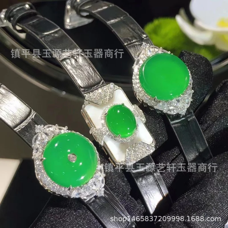 Natural Green Chalcedony Agate Peace Women'S Watch Leather Strap S925 Silver Inlaid Comparable