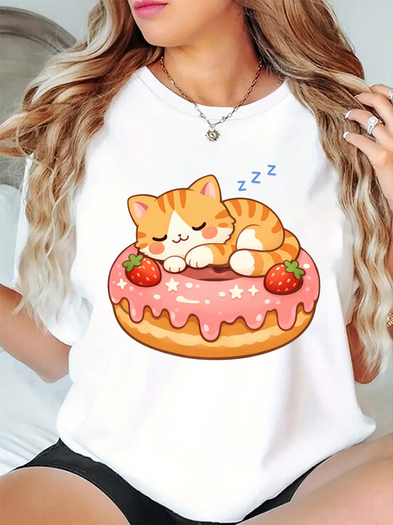 Sleeping Cat On Sweet Donut Strawberry Graphic Womens T Shirt Short Sleeve Crew Neck Cute Dessert Casual Daily Ladies Tee Tops