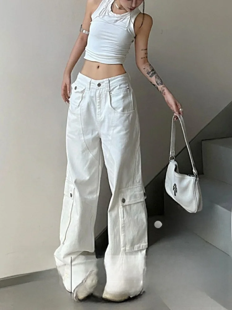 

American Style High Waist Wide Leg Loose Fit Women's Jeans Cargo Pants Summer Heavy Design White Straight Tube Workwear