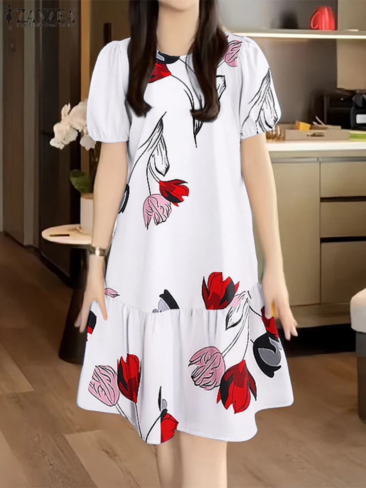 فساتين نسائية أنيقة مُزينة بطباعة 2025 ZANZEA فستان مناسبات صيفي غير رسمي برقبة دائرية للعمل بطول الركبة فستان صيفي أنيق للحفلات