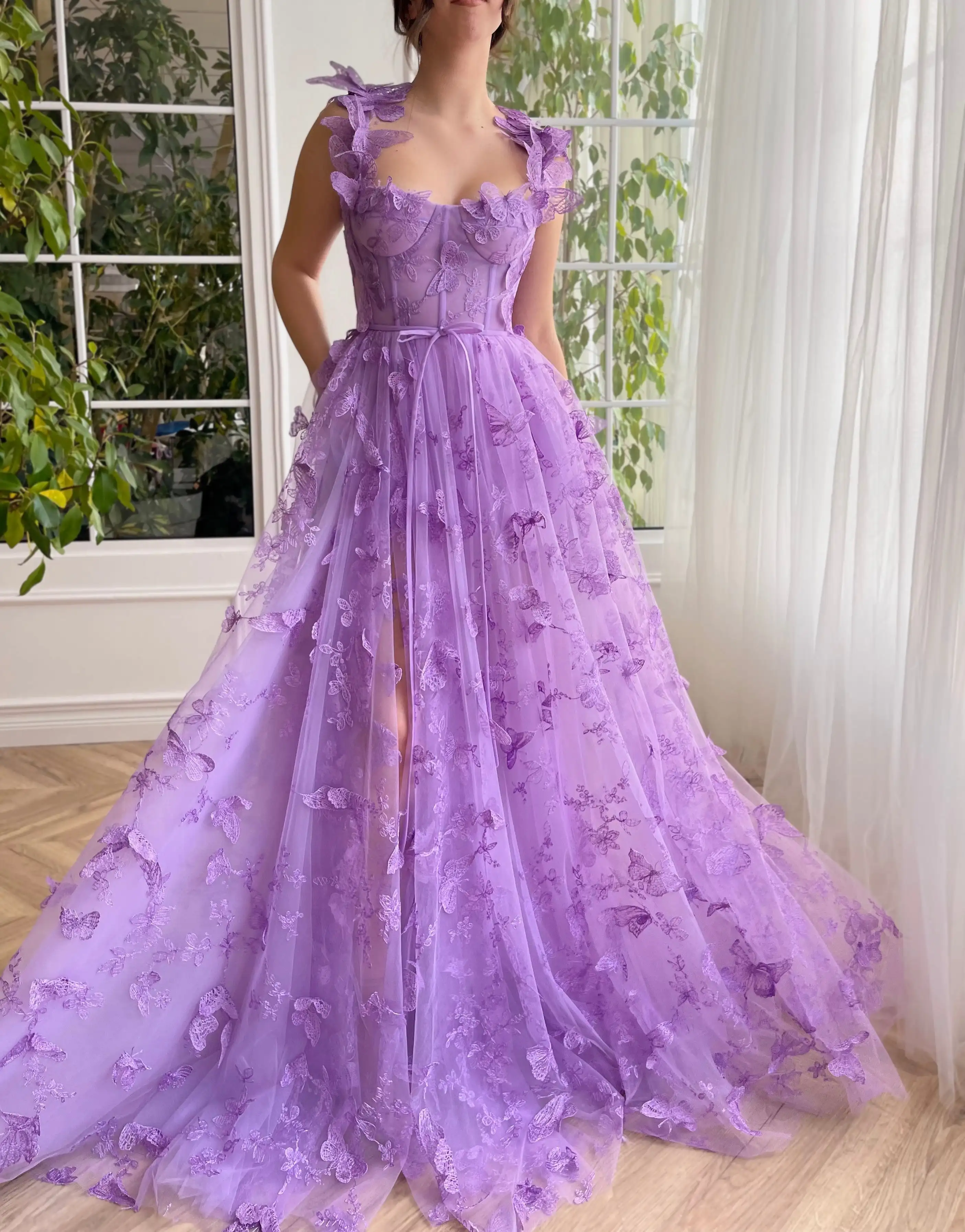 Lilac Lace Prom Dresses 2024 Butterfly Spaghetti Straps Sweetheart A Line with Pocket Belt Hi-lo Corset Zipper Back Evening Gown