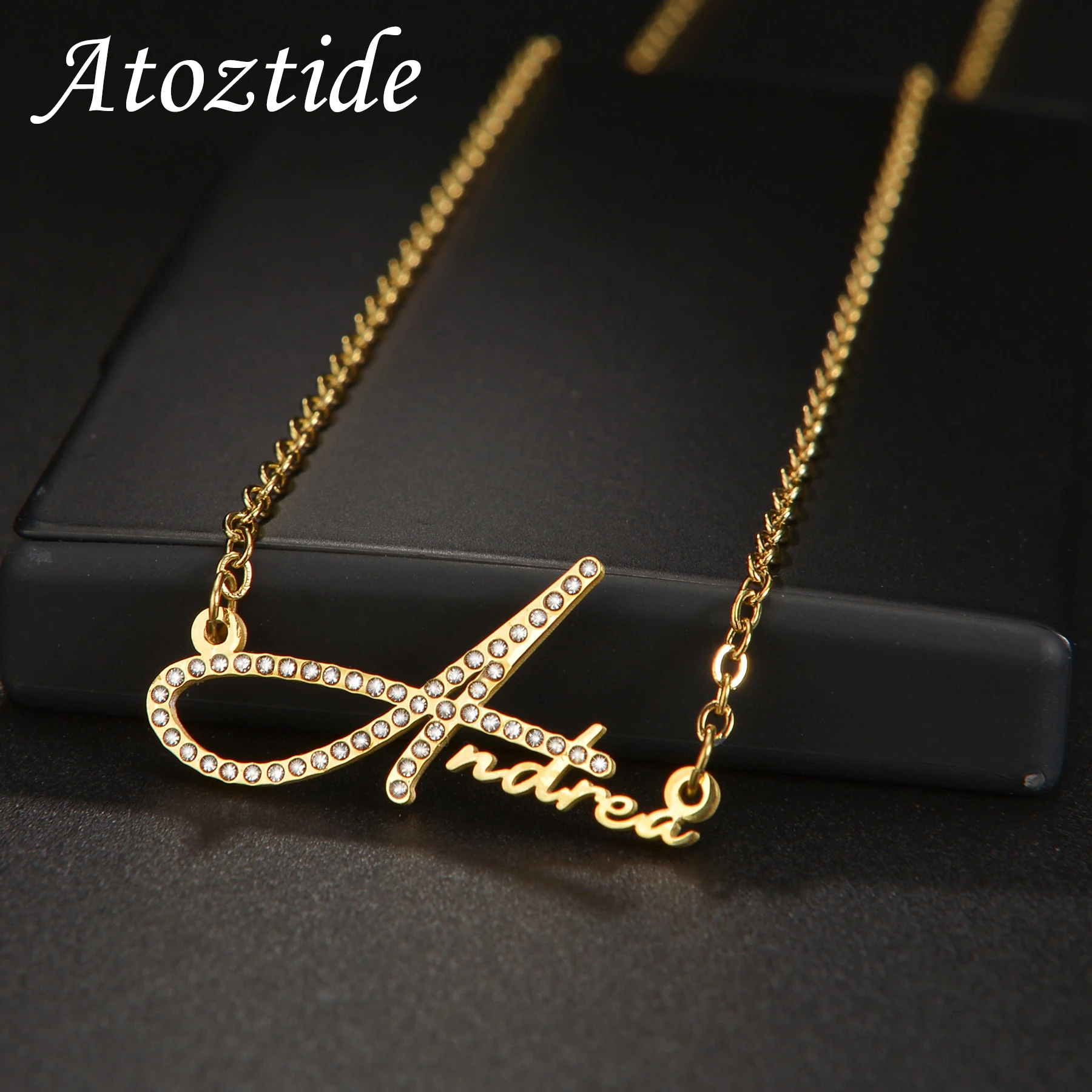 Atoztide Personalized Custom Zircon Letter Name Necklace for Women Stainless Steel Pendant Link Chain Birthday Jewelry Gift