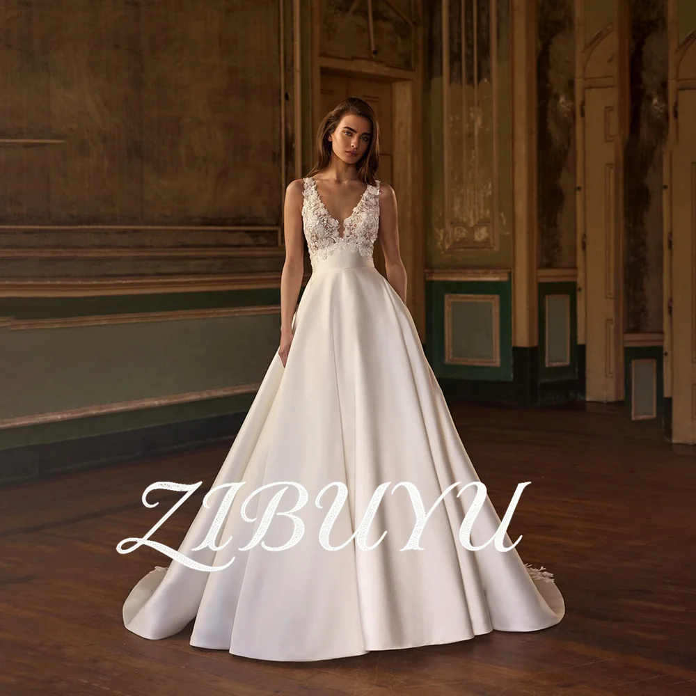 

ZIBUYU Customized Luxury Satin Wedding Dress Deep V Neckline Lace Appliques Bodice Open Back Ball Gown Lace Train Bridal Gown