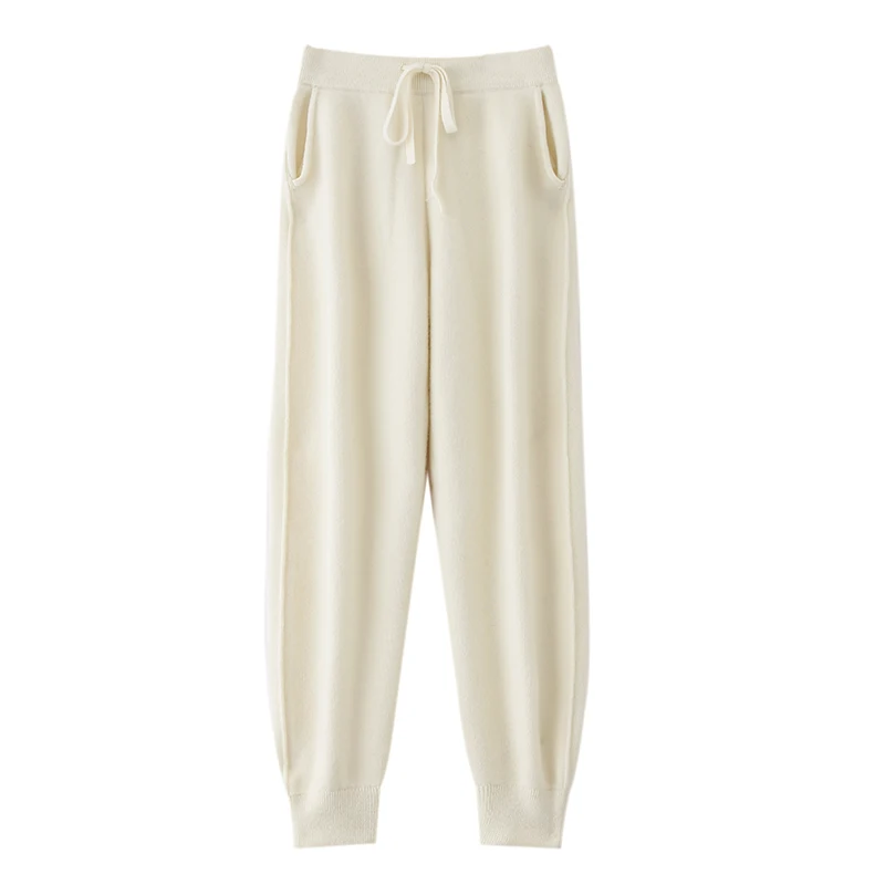 100% Merino Wool Pencil Pants Women's Elastic Waist Lace-up Trousers Autumn Winter Soft Solid Thick Knitted Wool Pants