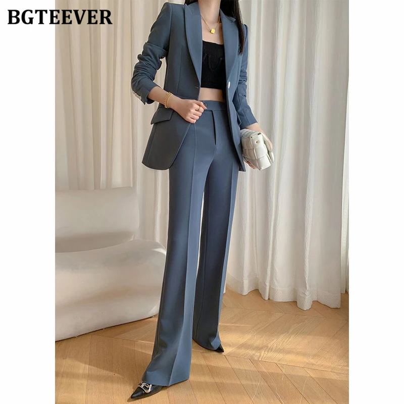 BGTEEVER 세련된 루즈핏 여성 바지 정장 긴 소매 싱글 버튼 블레이저 & 플레어 정장 바지 여성 2피스 세트