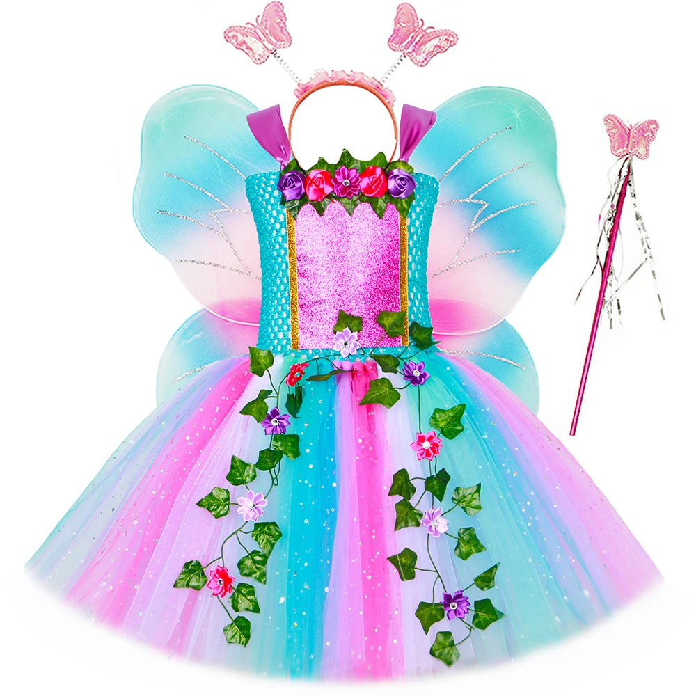 

Sparkly Woodland Forest Fairy Costume for Girls Jungle Ivy Flower Fairies Princess Dresses with Wings Kids Halloween Tutu Outfit