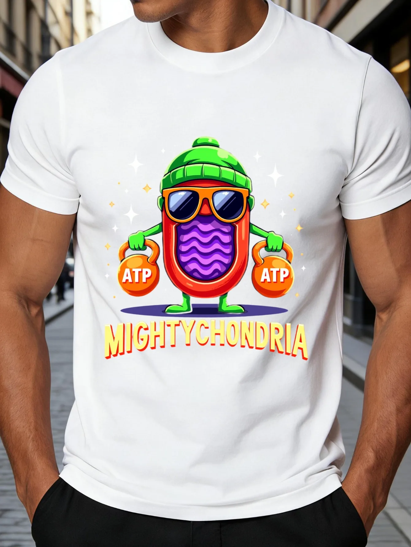Cartoon Science-Themed Men's T-Shirt, Featuring Powerful Mitochondria, Atp Water Bottle, Space Background, and Fun Educational Design, Suitable for Casual Wear and Science Enthusiasts, Is the Perfect Gift for Students, Teachers, and Biology Lovers