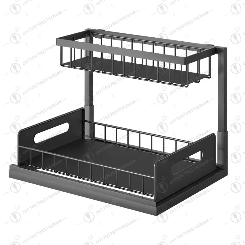 

Kitchen storage rack, sink under storage, pull out cabinet hanging wire, basket slides out storage rack 2 layers of black metal