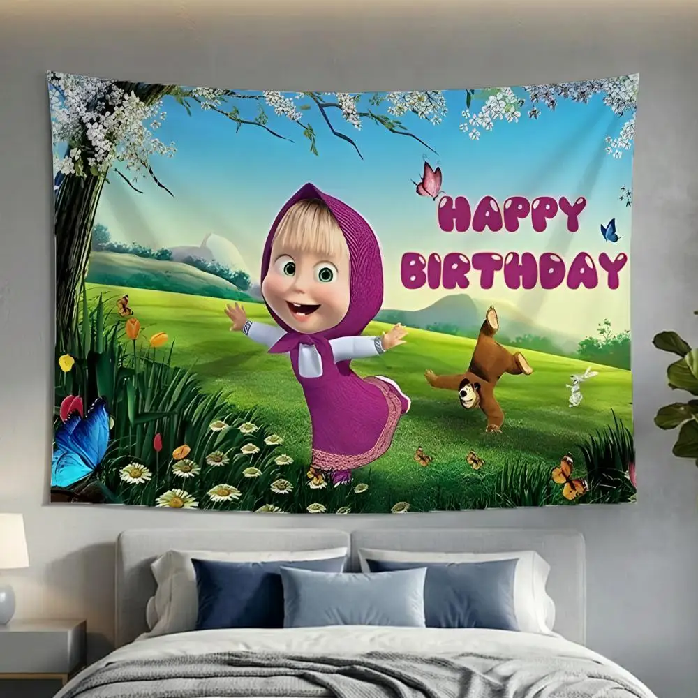 Animation Preschool Masha And The Bear Tapestry Washable Soft Wall Art Decor for Living Home Room Bedroom