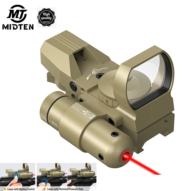 MidTen 1X22X33 Reflex Sight Red Green Dot 4 Reticle Optics with Green Laser and Pressure Pad Switch For 20mm Rail