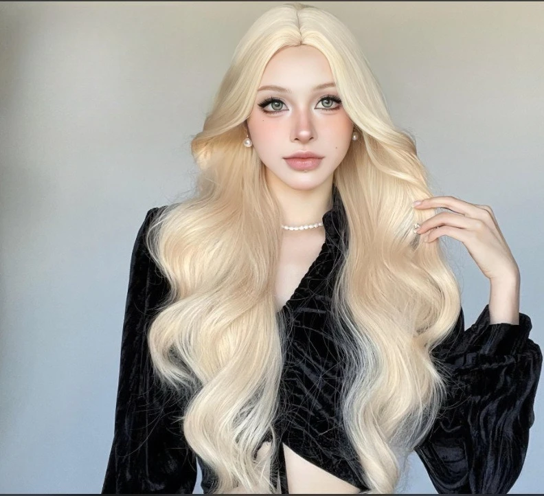 

Длинный волнистый парик с пробором посередине для женщин, цвет белое золото, крупные локоны, повязка на голову из синтетического волоса. Это подарок для друзей.