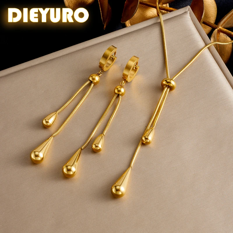 DIEYURO 316L Stainless Steel Adjustable Water Droplet Tassels Necklace Earrings Women New Golden Fashion Jewelry Set Party Gifts