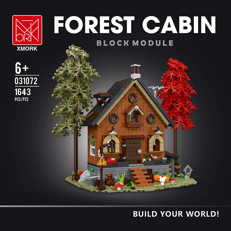 XMork 031072 Forest hut log cabin Model Modular Street View Series LED Lighting DIY Toys Building Blocks Boy's Gift 1643Pcs