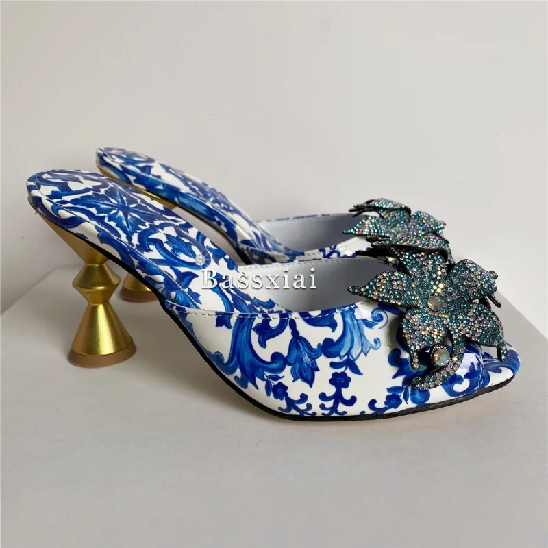 Blue And White Porcelain Print Sandals Women Unique Metal Strange Heel Rhinestone Flower Decor Summer Mules