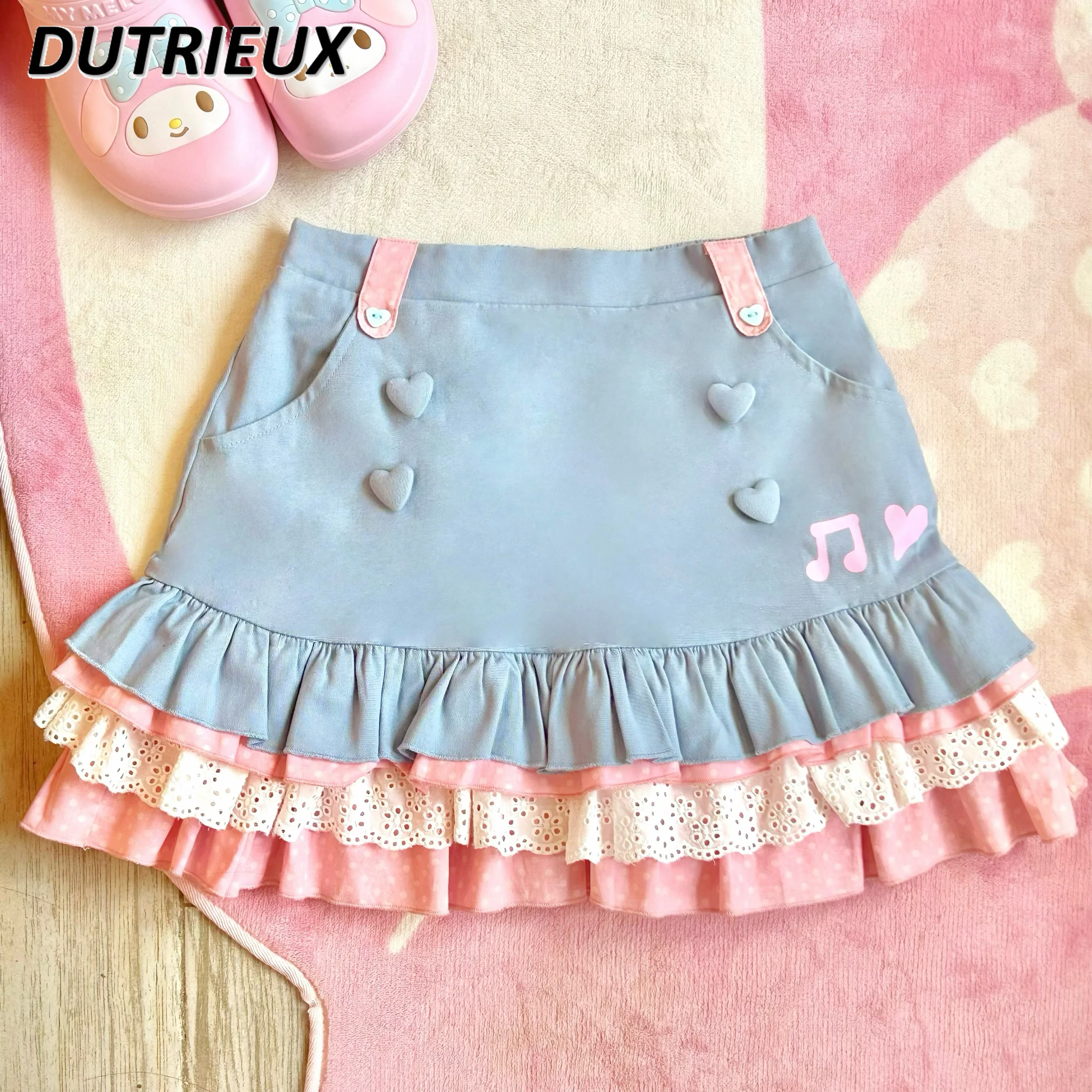 Kawaii Sweet Girl Original Cartoon Embroidery Sailor Collar Pink Lace-Collared Tops Short T-shirt Polka Dot Mini Cake Skirts