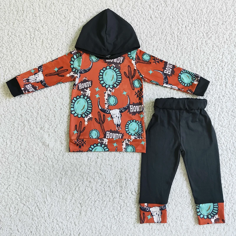 

Western Cow Kids Hoodie Cactus Sweater Toddler Sets Clothing Wholesale Baby Boy Howdy Hooded Outfit Children Black Cotton Pants