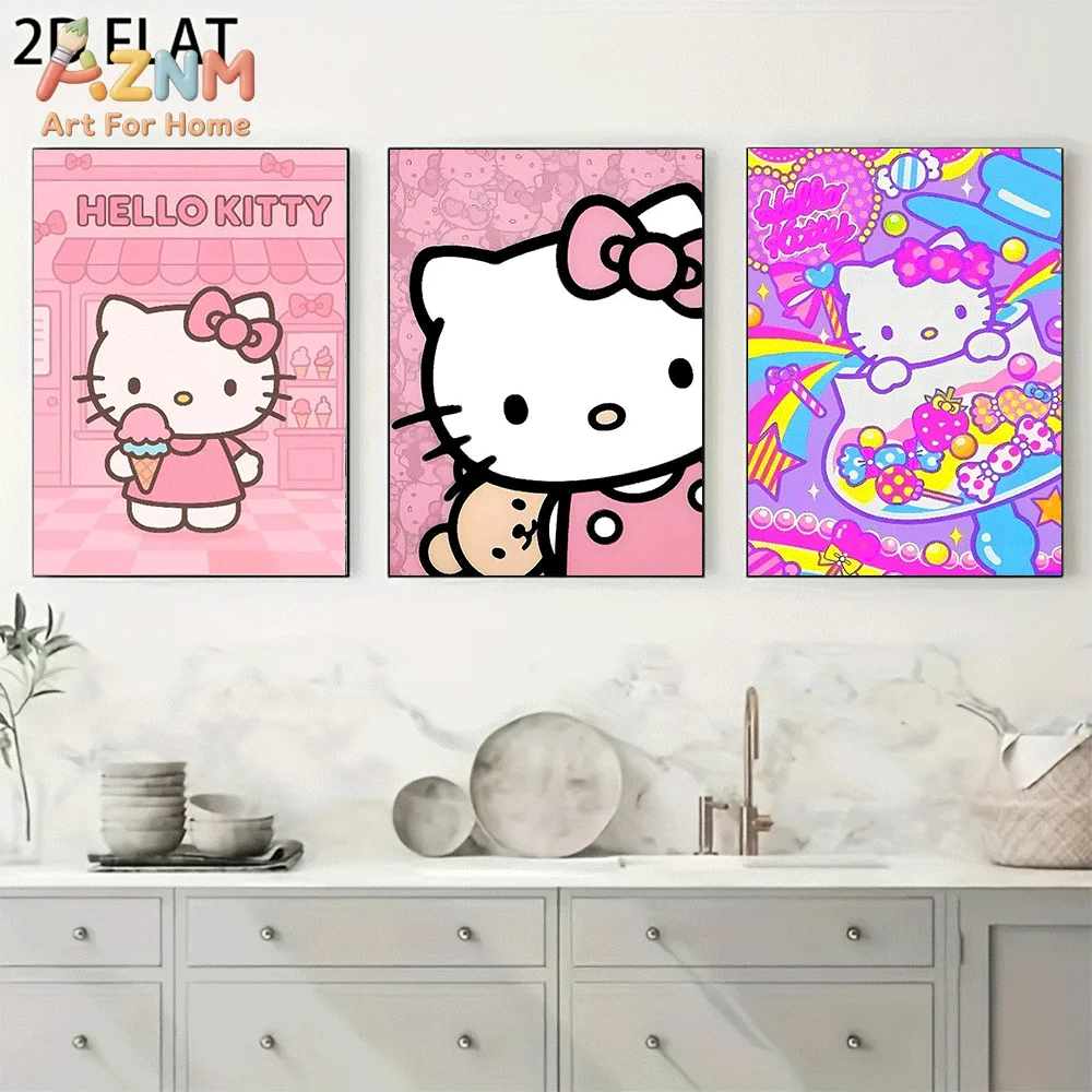 AZNM Sanrio Hello Kitty Canvas Wall Art Unframed Cute Cartoon Pink Ice Cream Shop Candy Rainbow Character Print Painting Girls B