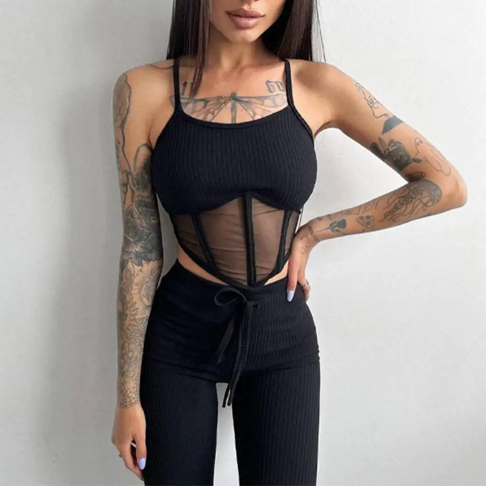 2 Pcs/Set Tracksuit Women Set Solid Color Spaghetti Strap See-through Mesh Sleeveless Tank Tops Pant Suit ensemble jogging femme