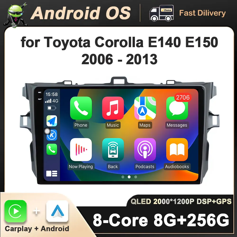 

Carplay DSP Stereo Car Radio Multimedia player for Toyota Corolla E140 E150 2006 - 2013 Navi GPS QLED Screen Android System WiFi
