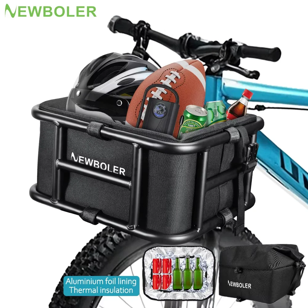 NEWBOLER E-Bike البضائع الرف حقيبة الحديد سعة كبيرة سلة الدراجة الرف الخلفي سلال الدراجة للسفر في الهواء الطلق التسوق دراجة الطريق الجبلية