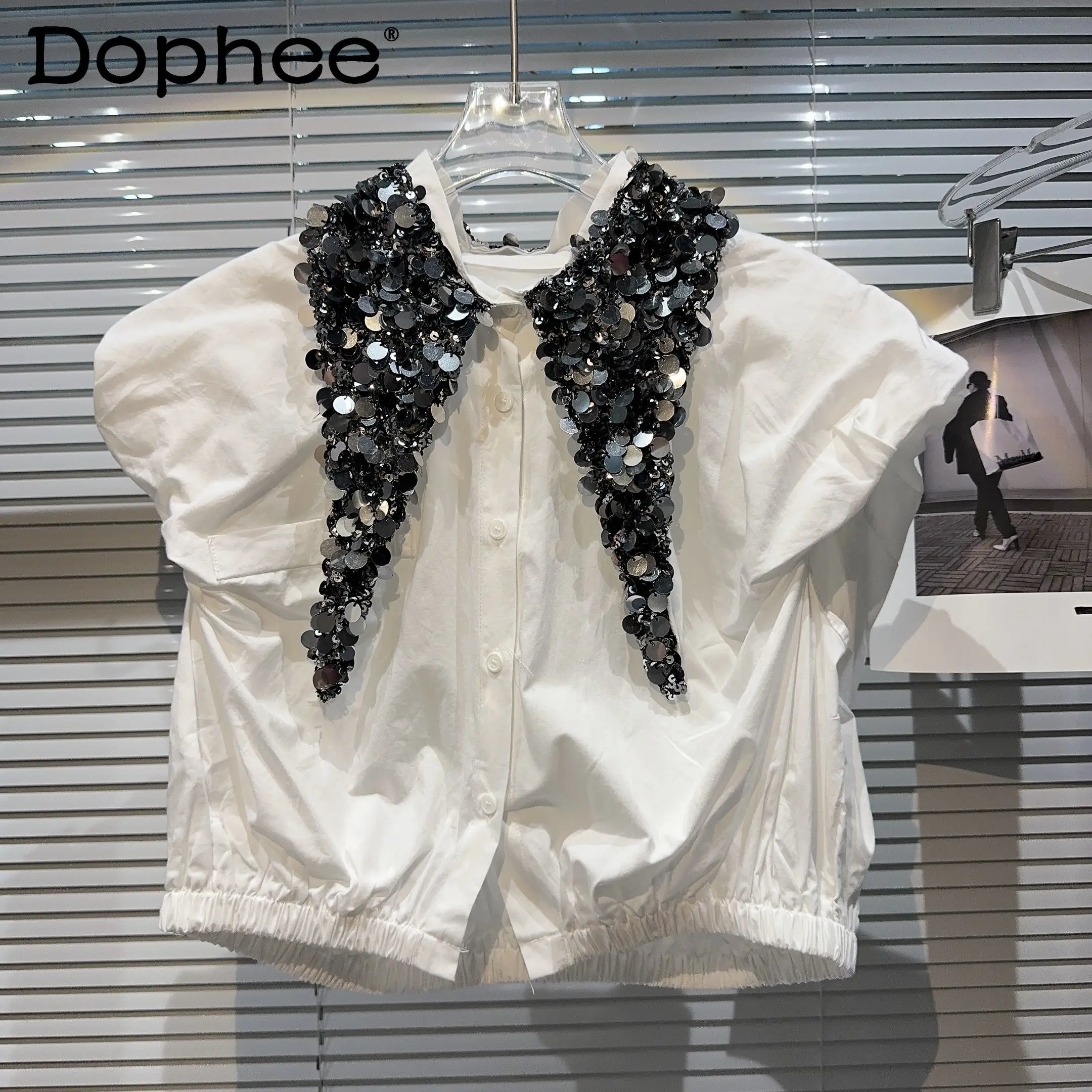 

Fashion Sequined Collar Edge Loose Temperament Sleeveless Black Shirt Women 2024 Summer New Single-Breasted White Shirt Female