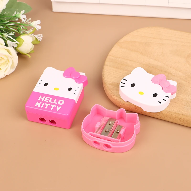 Kawaii Hello Kitty Double Hole Pencil Sharpener Sanrio Anime Bow Tie Kitty Shape Pencil Sharpening Tool Students School Supplies