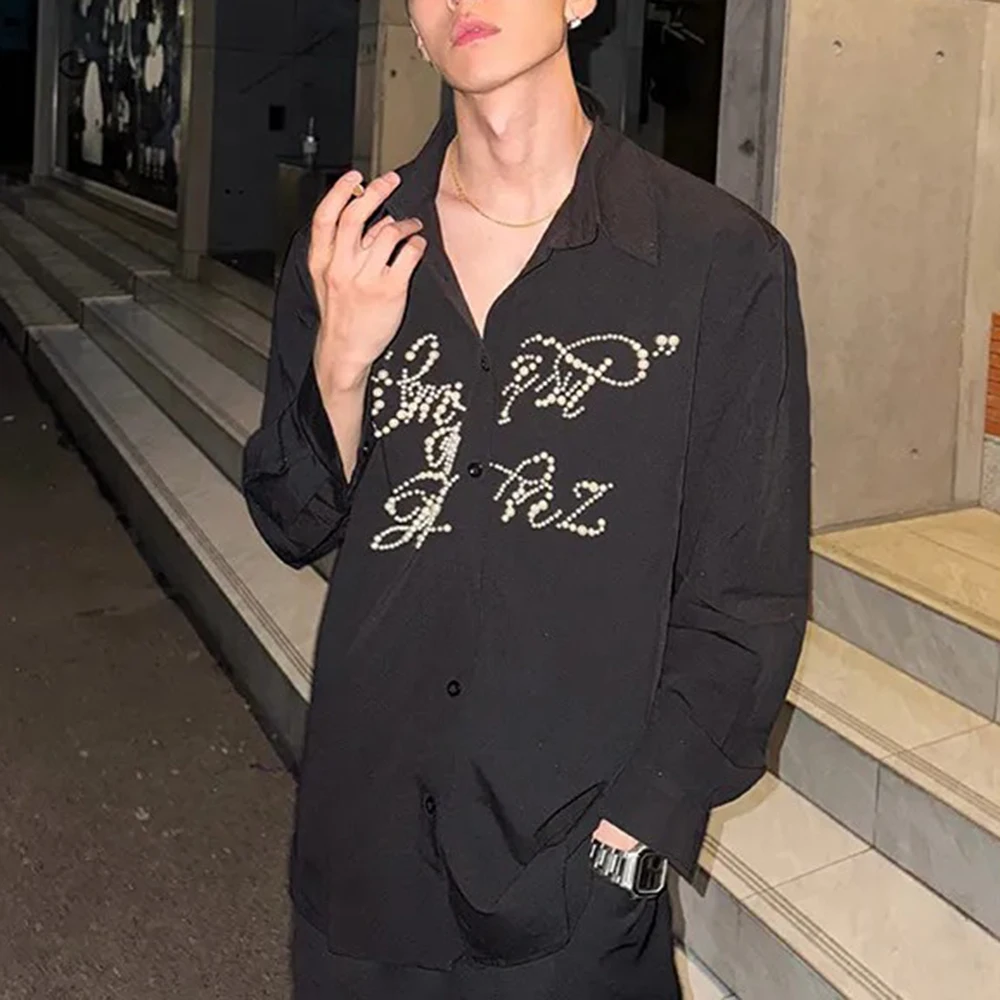 

Mens Shirt Pearl Letter Embroidered Shirt Autumn Streetwear Fashion Personality All-Match Long-Sleeved Top Men'S Clothing 2025