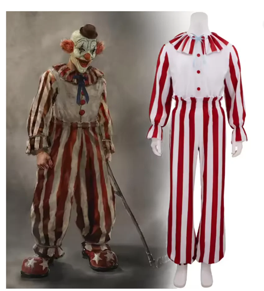 Costume de Clown adulte dans un champ de maïs, Costume d'halloween, mascotte de Baypen rayée, film Frendo le Clown, déguisement de noël pour hommes