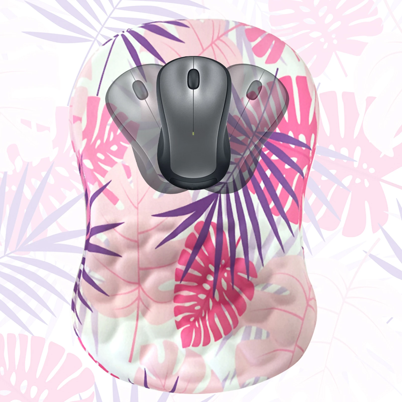 Pink Tropical Leaves Mouse Pad with Wrist Support,Black Ergonomic Soft Mouse Pad,Non-Slip Base Mousepad Wrist Rest