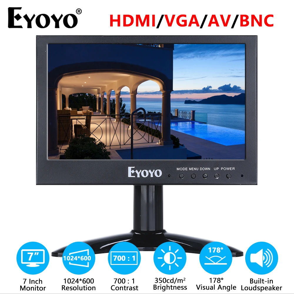 

Eyoyo 7 Inch Mini LCD Monitor HD 1024x600 Screen with Loudspeaker BNC/VGA/AV/HDMI Input For DVD PC Laptop DVR CCTV Camera System