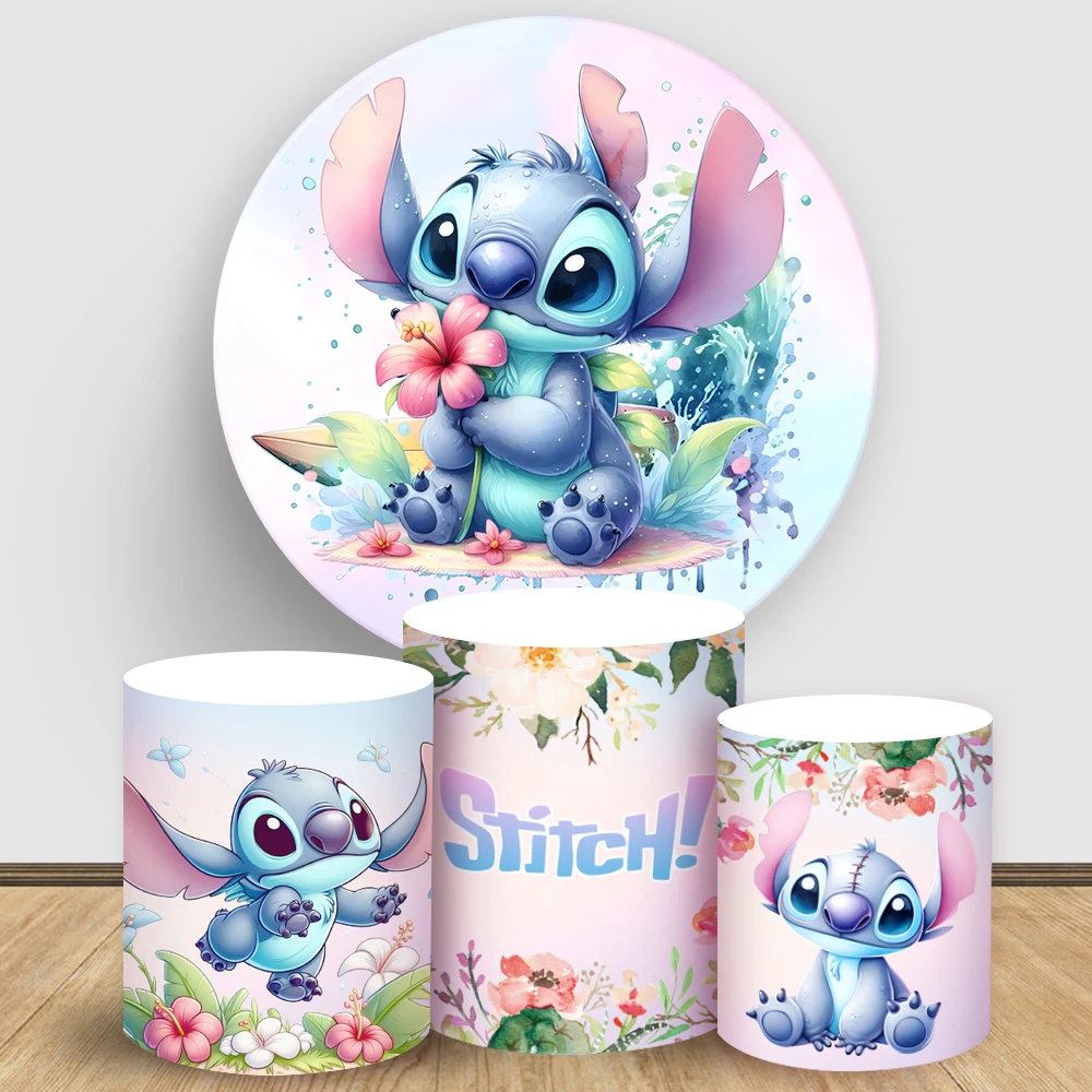 

Disney Stitch Round Backdrop Light Color Cartoon Cake Table Cylinder Cover Kids Birthday Party Decor for Photography Baby Shower