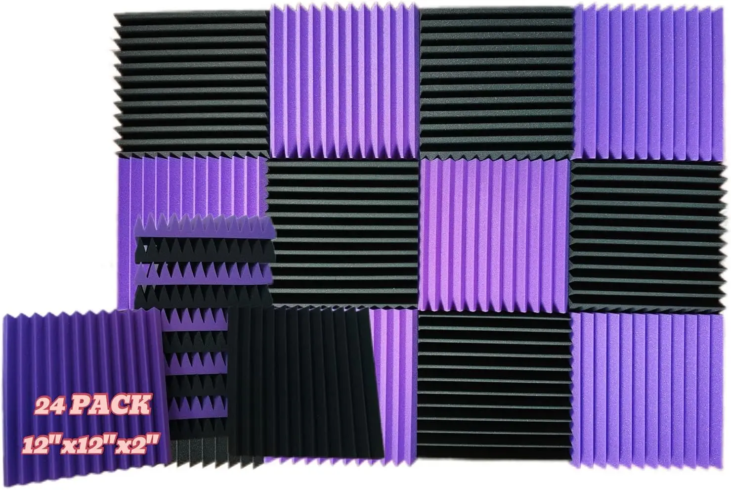 

24 Pack Acoustic Panels, 12x12x2 Inches, Soundproof Foam for Walls (12 Black+12 Purple)