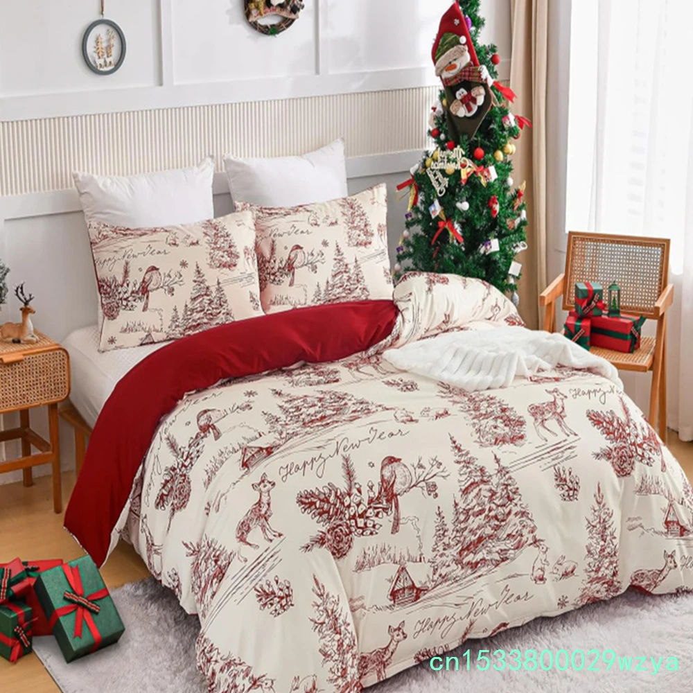 3-piece Set Of Red Countryside Christmas bedding, Holiday Decoration Soft Microfiber Duvet Cover And 2 Zippered Pillowcases