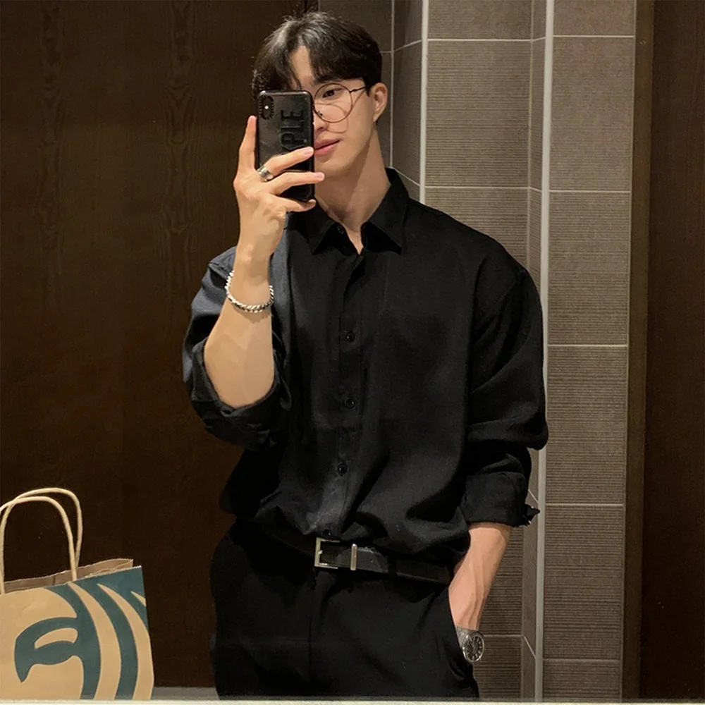 Casual Mens Shirt Long Sleeve Black Business Fashion Drape Texture Lightweight Breathable Loose Fit Youth Aesthetic Daily Top