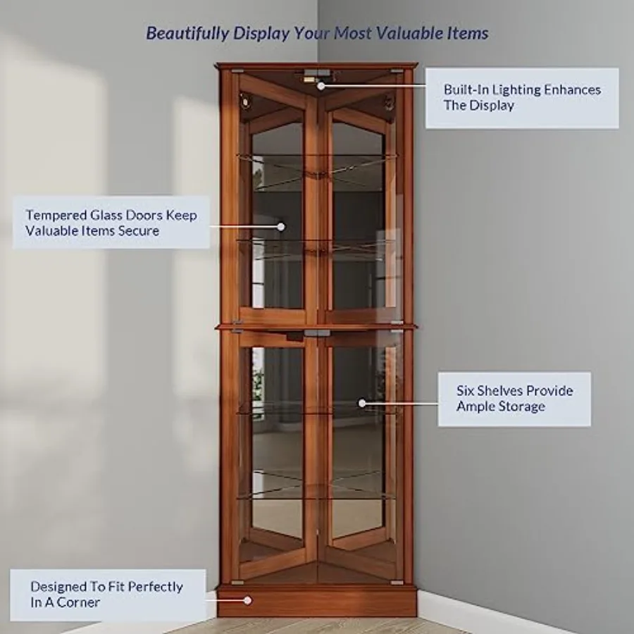 Lighted Corner Display Curio Cabinet for home bar use, wooden material, walnut finish, tempered glass door and 6 adjustable she view 5