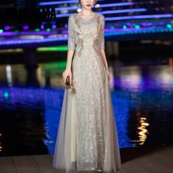 Customized O-neck Half Sleeve Sequined Wedding Party Vestidos Elegant Slim Waist Mesh Patchwork Banquet Evening Dresses Design P