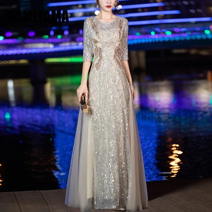 Customized O-neck Half Sleeve Sequined Wedding Party Vestidos Elegant Slim Waist Mesh Patchwork Banquet Evening Dresses Design P