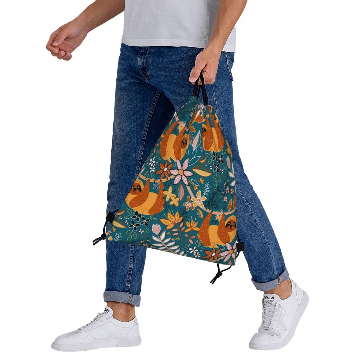 Happy Boho bradipo zaini floreali borse Casual portatili con coulisse borsa sportiva con coulisse borsa per libri per la scuola di viaggio