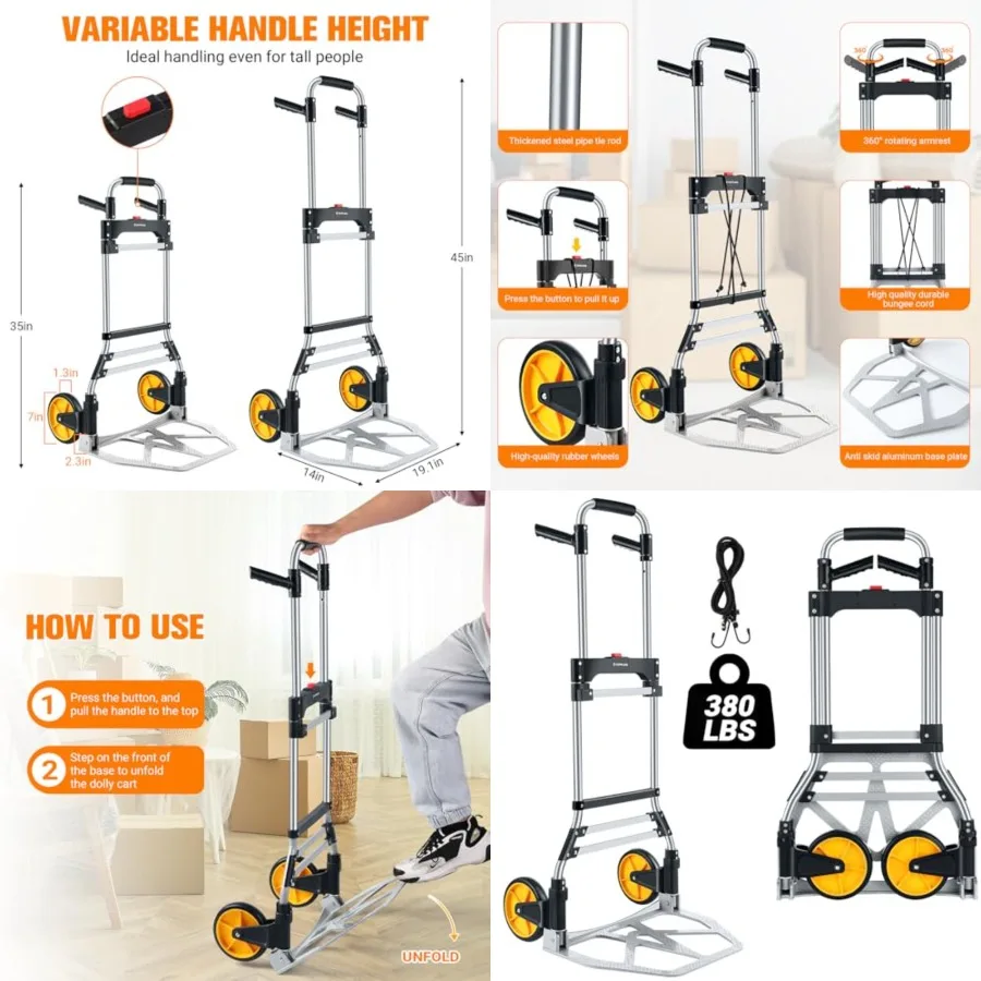 

380 LB Capacity Folding Hand Truck Heavy Duty Foldable Dolly Cart with Wheels, Aluminum Collapsible Hand Cart Portable Trolley