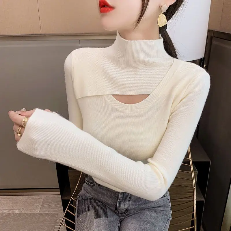 Blue Base Shirt Versatile 2023 Spring New Women's Warm Wear Fashionable Long Sleeved Top Thickened Half High Neck Knit