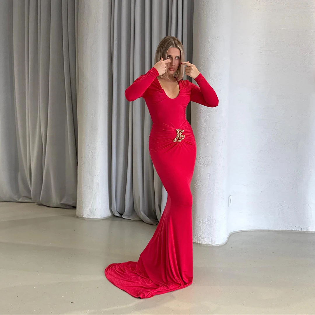 

Hot Sale Red Long Sleeve Mermaid Evening Gown with Rhinestone Bodycon Formal Dresses for Wedding Guest U-Neck Party Dresses