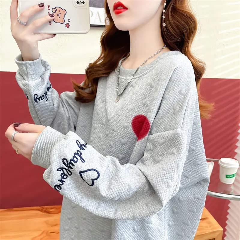 Spring Autumn Thin Letter Embroidery Loose Casual Hoodies Long Sleeve Solid All-match Pullovers Fashion Vintage Women Clothing