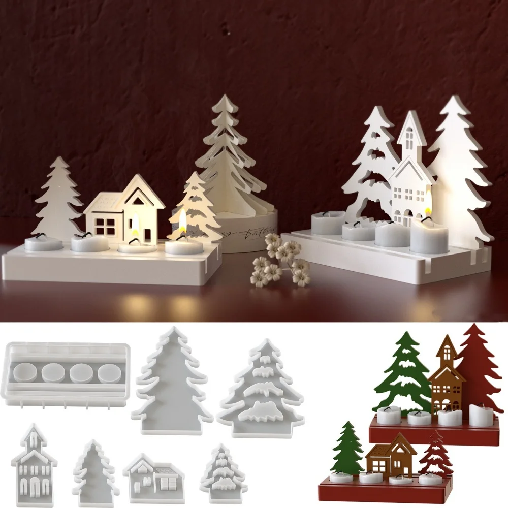 Christmas Candle Holder Silicone Mold Multiple Material Compatibility Resin Mould Christmas Tree House Silicone Mold For Holiday