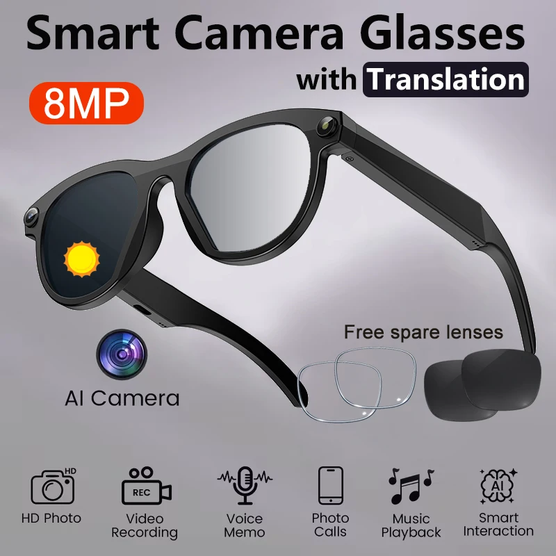 

The smart camera translation glasses feature an 8-megapixel camera and music playback, and come with replacement lenses for meet