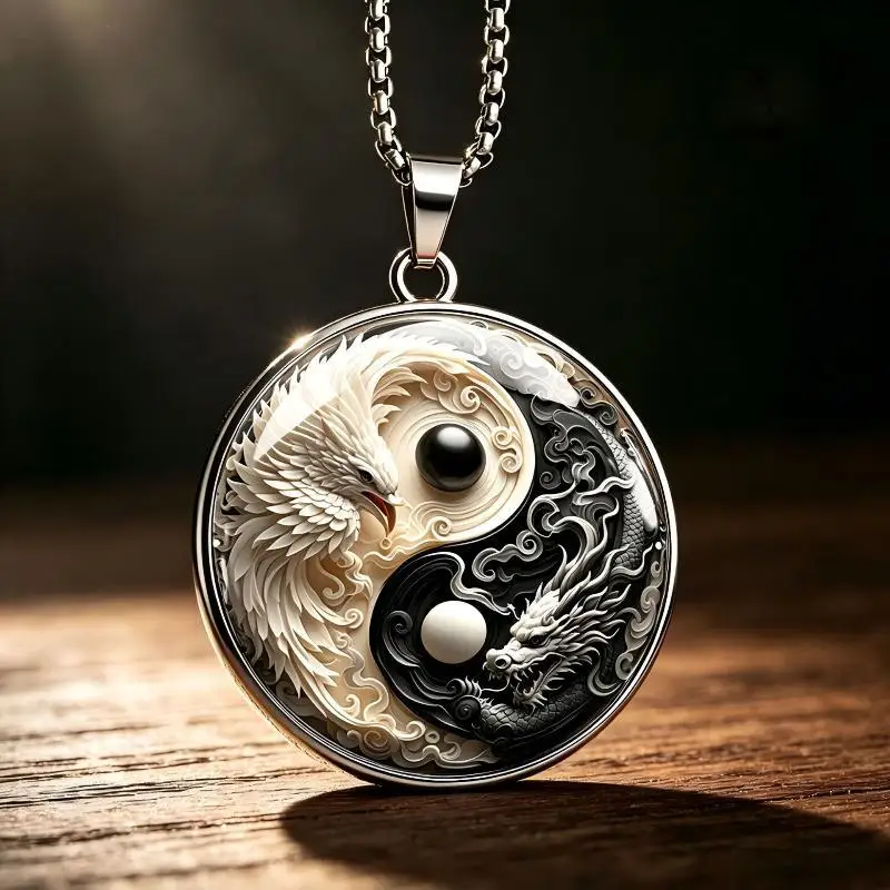 Fashion Glass Time Gem White Phoenix Dragon Talisman Keychain Yin Yang Fish Round Glass Pendant DIY Necklace Party Gift
