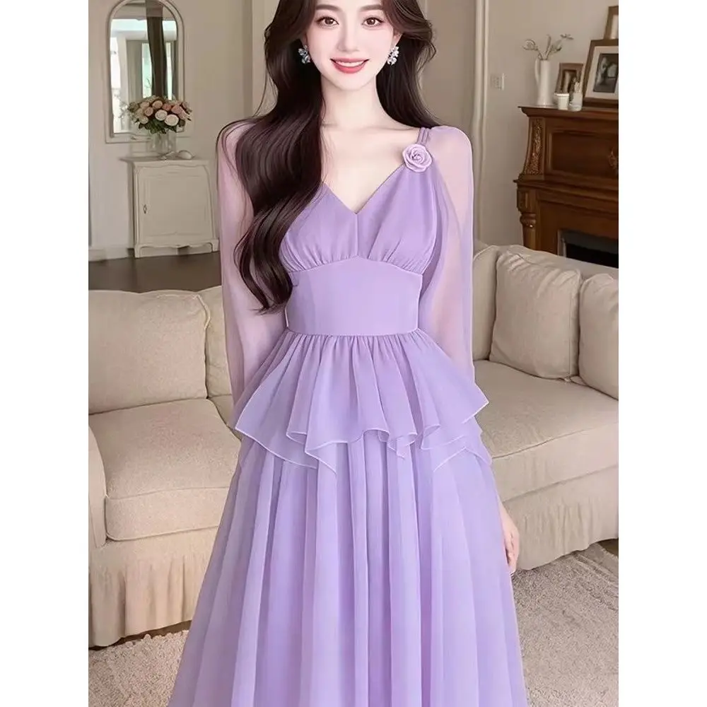 

Женское весеннее платье с объемным цветочным принтом, облегающее талию, новая коллекция, фиолетовое платье во французском стиле Хепберн