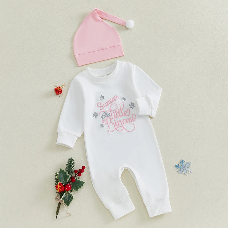 Baby Girls Christmas Jumpsuit Long Sleeve O Neck Letter Embroidery Rompers with Hat