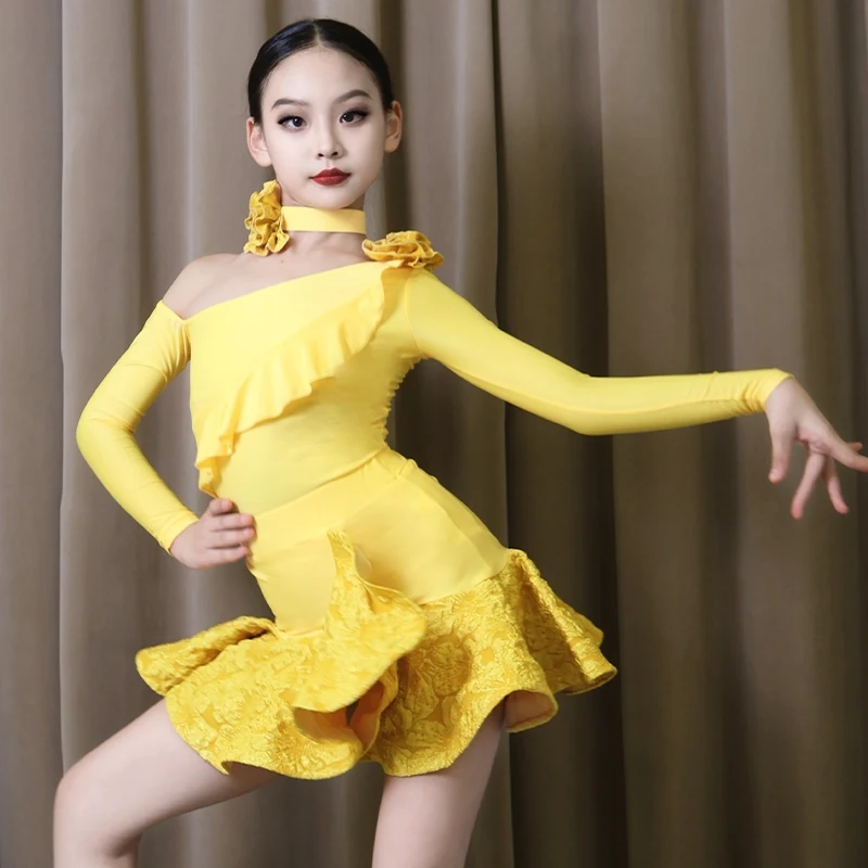 Slanted Shoulder Fall Latin Dance Costume Girl's Ballroom Dancing Training Set Kids Cha Cha Salsa Performance Clothing XH1107