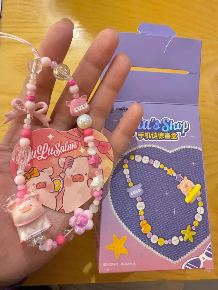 룰루 돼지 휴대폰 체인 선셋 비치 시리즈 서프라이즈 박스 행잉 로프 생일 선물 소녀 귀여운 돼지 테마 모바일 액세서리