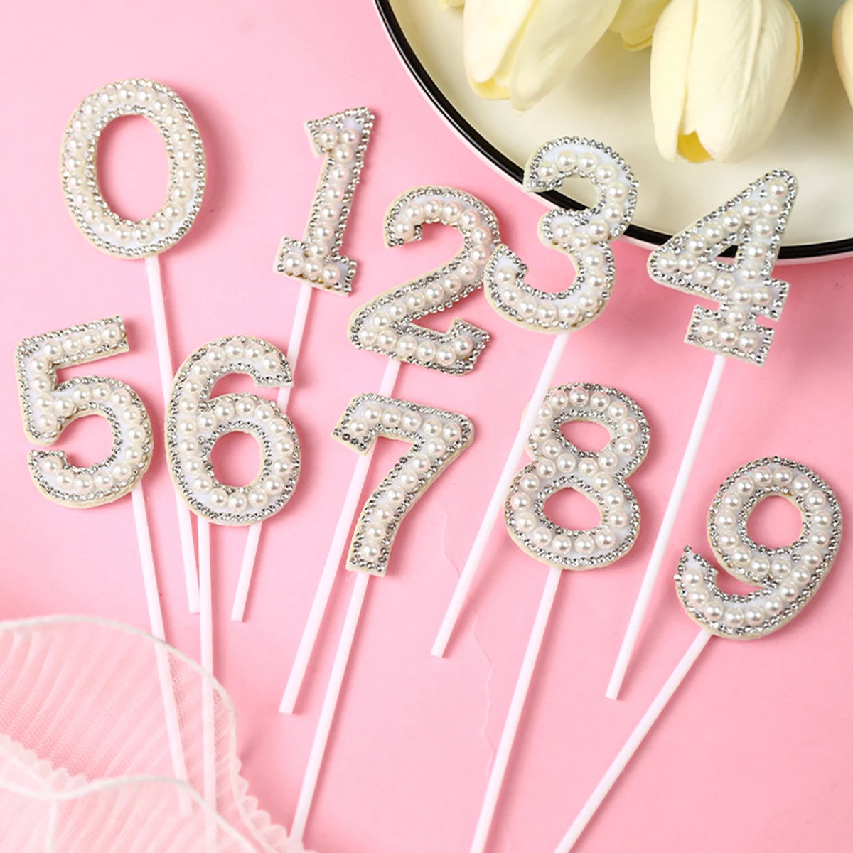 Numero 0-9 Pearl Cake Topper Diamond Dazzling Insert dea accessori per il compleanno decorazione per torta nuziale di san valentino